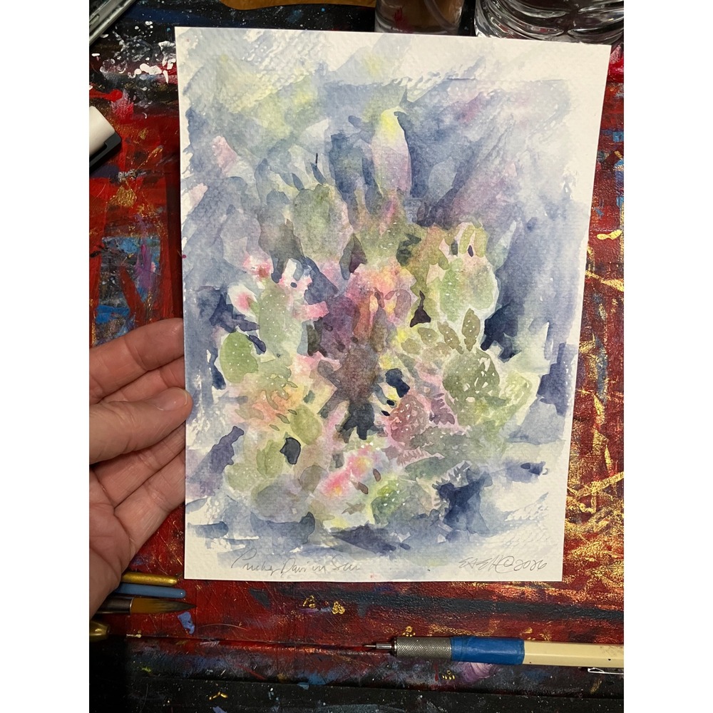 Prickly pear cactus original painting signed desert art southwest Artettina USA - Picture 6 of 8